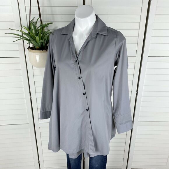 Comfy‎ USA Gray Bristol Shirt Button Poplin Tunic Top Asymmetric Hem Size XS - Picture 1 of 5